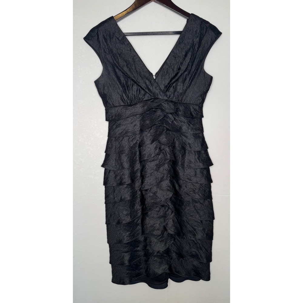 London Times Black Tiered Ruffle Sheath Dress‎ V Neck Cap Sleeve Formal Size 4